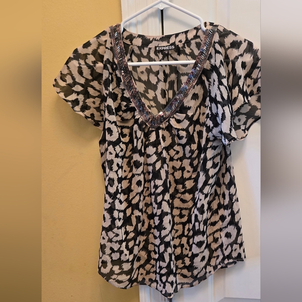 Express Black and Tan Flutter Short Sleeve Semi Sheer Beaded Neckline Blouse